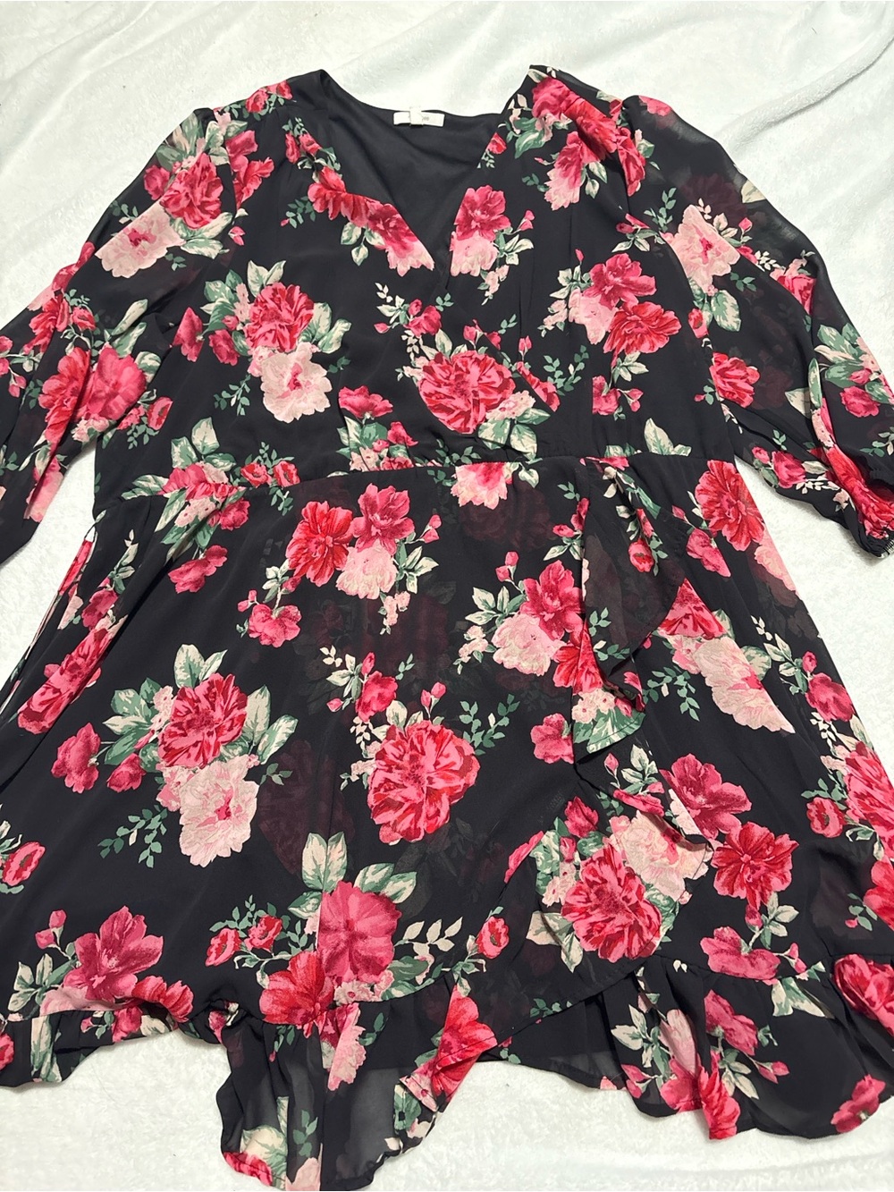 Maurices Black Floral Wrap Dress with Pink & Red Roses